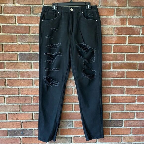 Refuge Denim Classic High Rise Mom Jean - Distressed Black - Size 9 - Picture 1 of 11